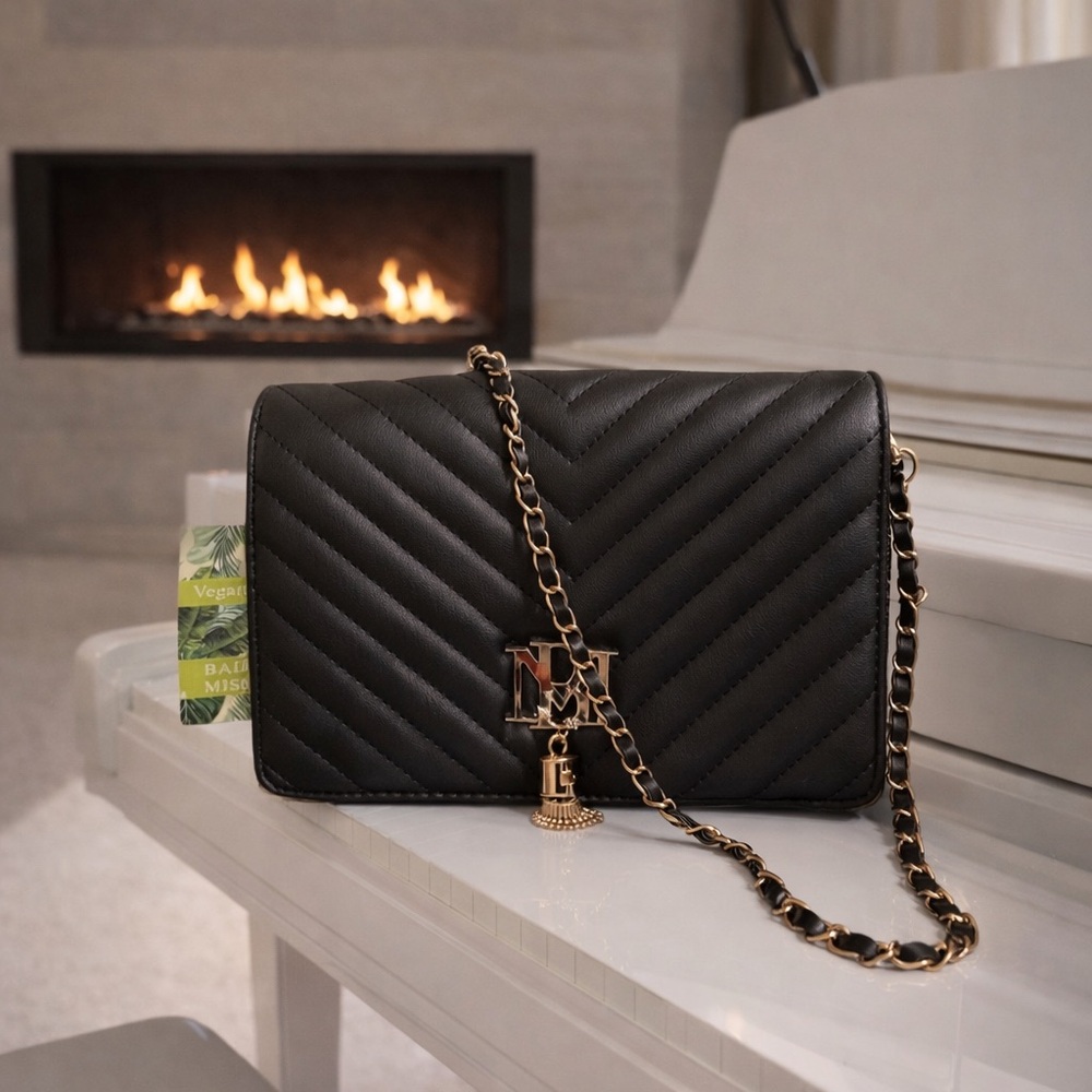 NWT Badgley Mischka Black Quilted Crossbody Bag Gold Chain Vegan Leather